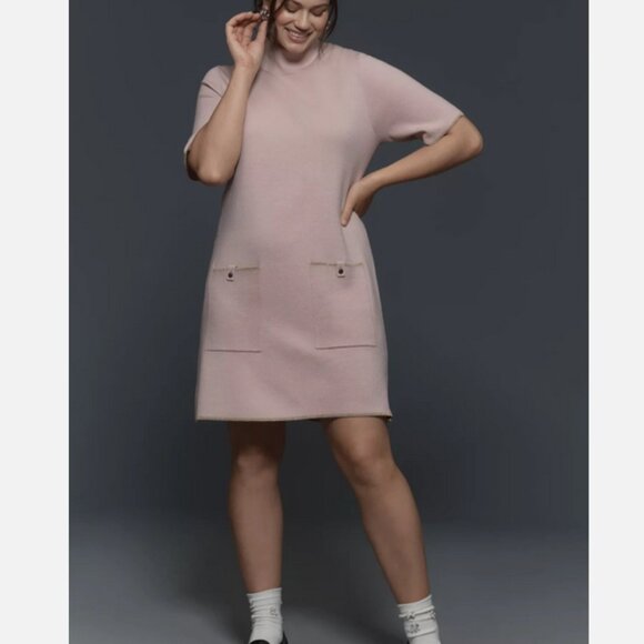 Anthropologie Maeve The Annalise Mock-Neck Mini Sweater Dress Knit 1X NWT Taupe - Picture 1 of 7